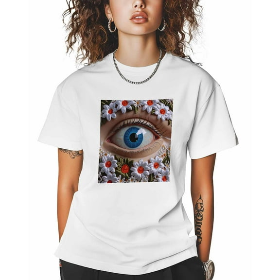 T Shirts for Women Short Sleeve Cotton Crewneck T-Shirt, Eye Embroidered Flowers Art Tee Tops Casual Basic T-Shirts, XS-5XL White XXL