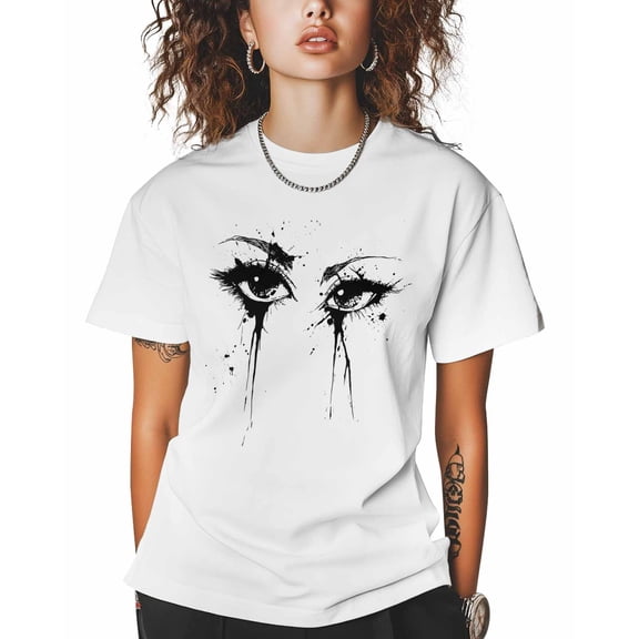 T Shirts for Women Short Sleeve Cotton Crewneck T-Shirt, Eyes Graffiti Hand Drawn Streetwear Tee Tops Casual Basic T-Shirts, XS-5XL White 5XL