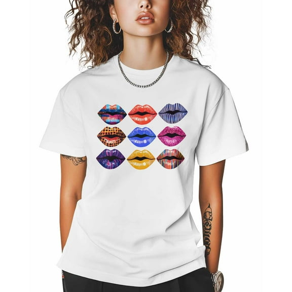 T Shirts for Women Short Sleeve Cotton Crewneck T-Shirt, Fashionable and Sexy Colored Lips Tee Tops Casual Basic T-Shirts, XS-5XL White M