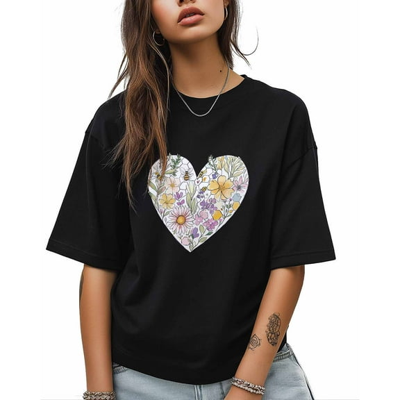 T Shirts for Women Short Sleeve Cotton Crewneck T-Shirt, Flowers Floral Bee Hand Painted Tee Tops Casual Basic T-Shirts, XS-5XL Black XXL