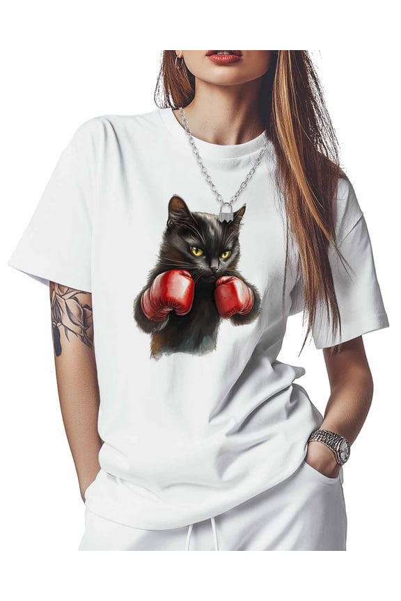 T Shirts for Women Short Sleeve Cotton Crewneck T-Shirt, Funny Animal Boxing Black Cat Tee Tops Casual Basic T-Shirts, XS-5XL White M