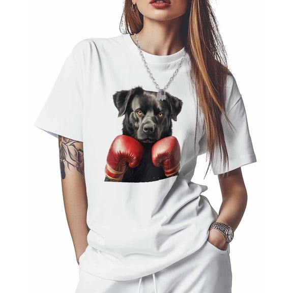 T Shirts for Women Short Sleeve Cotton Crewneck T-Shirt, Funny Animal Boxing Black Dog Tee Tops Casual Basic T-Shirts, XS-5XL White L