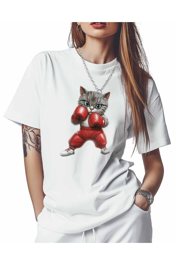 T Shirts for Women Short Sleeve Cotton Crewneck T-Shirt, Funny Animal Boxing Cat Tee Tops Casual Basic T-Shirts, XS-5XL White M