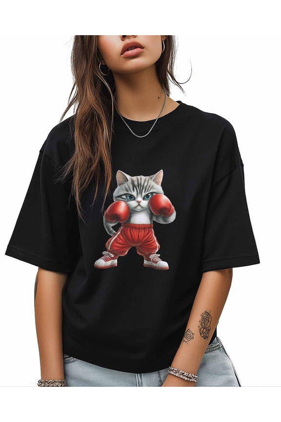 T Shirts for Women Short Sleeve Cotton Crewneck T-Shirt, Funny Animal Cool Boxing Cat Tee Tops Casual Basic T-Shirts, XS-5XL Black M