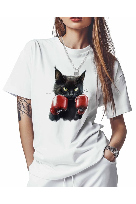 T Shirts for Women Short Sleeve Cotton Crewneck T-Shirt, Funny Boxing Black Cat Tee Tops Casual Basic T-Shirts, XS-5XL White 4XL