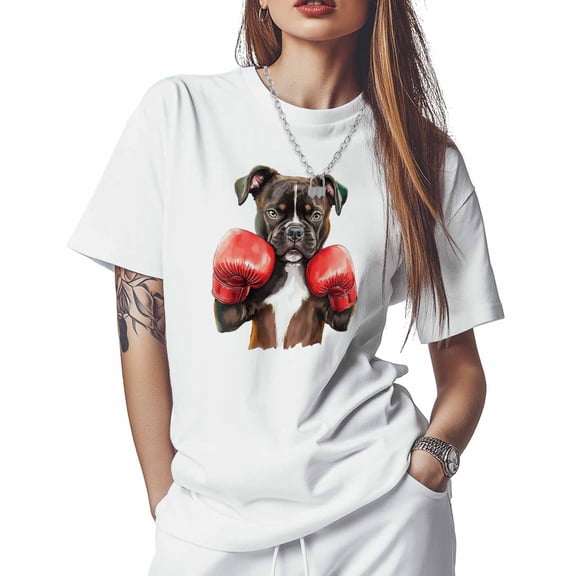 T Shirts for Women Short Sleeve Cotton Crewneck T-Shirt, Funny Boxing Dog Tee Tops Casual Basic T-Shirts, XS-5XL White XS