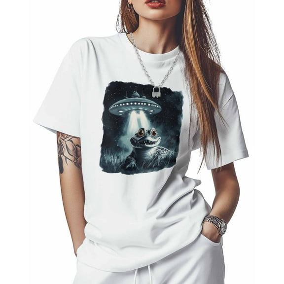 T Shirts for Women Short Sleeve Cotton Crewneck T-Shirt, Funny Crocodile Spaceship Tee Tops Casual Basic T-Shirts, XS-5XL White XXL