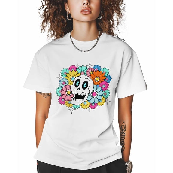 T Shirts for Women Short Sleeve Cotton Crewneck T-Shirt, Funny Skull Flowers Stars Tee Tops Casual Basic T-Shirts, XS-5XL White 4XL