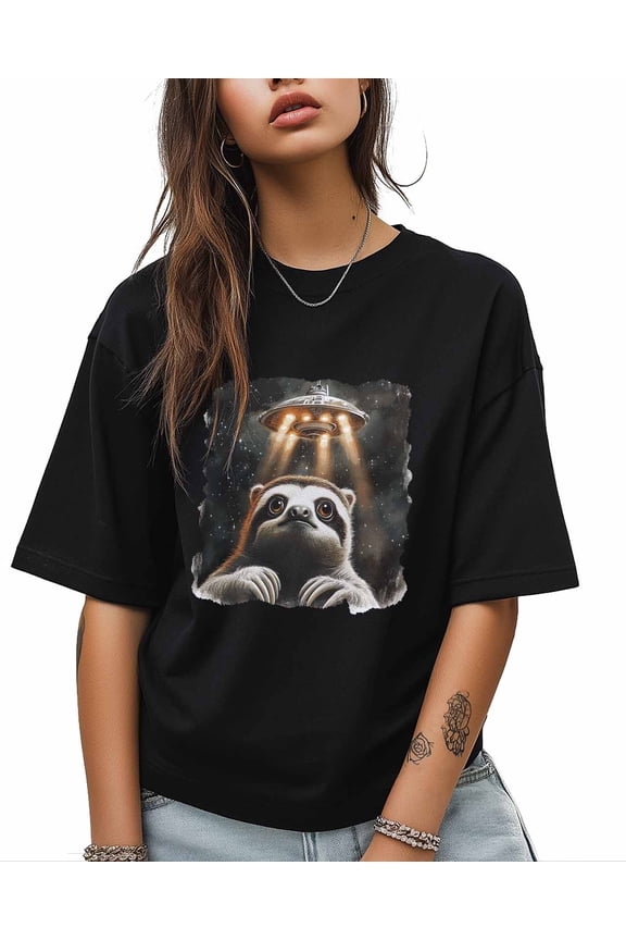 T Shirts for Women Short Sleeve Cotton Crewneck T-Shirt, Funny Sloth Spacecraft Tee Tops Casual Basic T-Shirts, XS-5XL Black XS