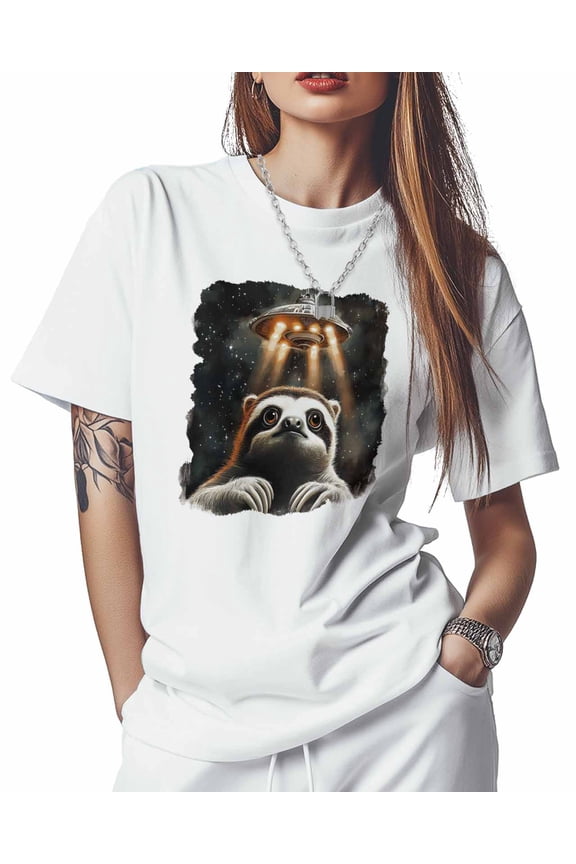 T Shirts for Women Short Sleeve Cotton Crewneck T-Shirt, Funny Sloth Spacecraft Tee Tops Casual Basic T-Shirts, XS-5XL White XS