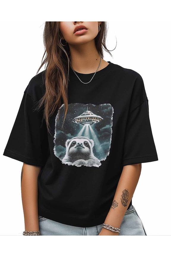 T Shirts for Women Short Sleeve Cotton Crewneck T-Shirt, Funny Sloth Spaceship Tee Tops Casual Basic T-Shirts, XS-5XL Black XXL