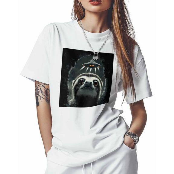 T Shirts for Women Short Sleeve Cotton Crewneck T-Shirt, Funny Sloth Universe UFO Tee Tops Casual Basic T-Shirts, XS-5XL White 4XL
