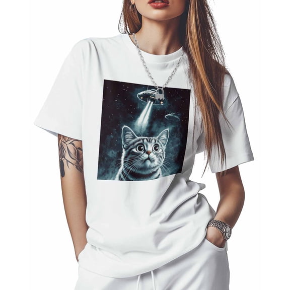 T Shirts for Women Short Sleeve Cotton Crewneck T-Shirt, Funny Spacecraft Cat Tee Tops Casual Basic T-Shirts, XS-5XL White 4XL