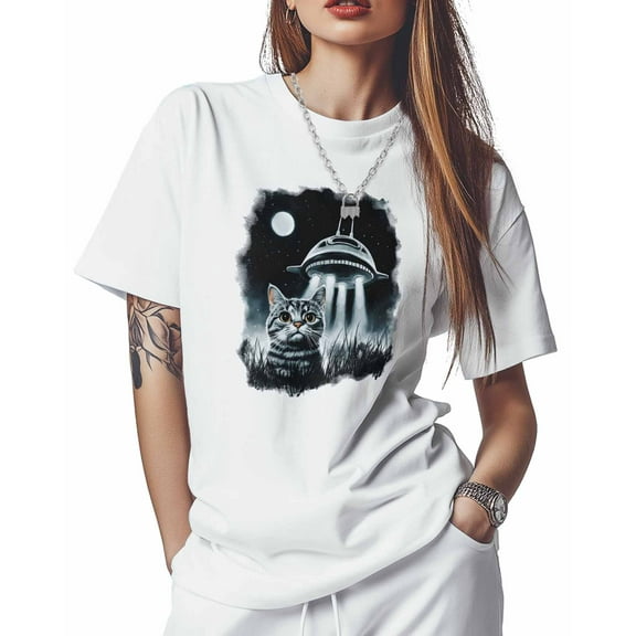 T Shirts for Women Short Sleeve Cotton Crewneck T-Shirt, Funny Spaceship Cat Tee Tops Casual Basic T-Shirts, XS-5XL White M