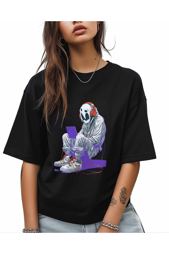 T Shirts for Women Short Sleeve Cotton Crewneck T-Shirt, Ghost with Game Machine Tee Tops Casual Basic T-Shirts, XS-5XL Black 5XL