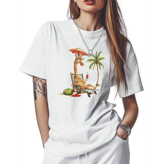T Shirts for Women Short Sleeve Cotton Crewneck T-Shirt, Giraffe Animal Beach Vacation Tee Tops Casual Basic T-Shirts, XS-5XL White M