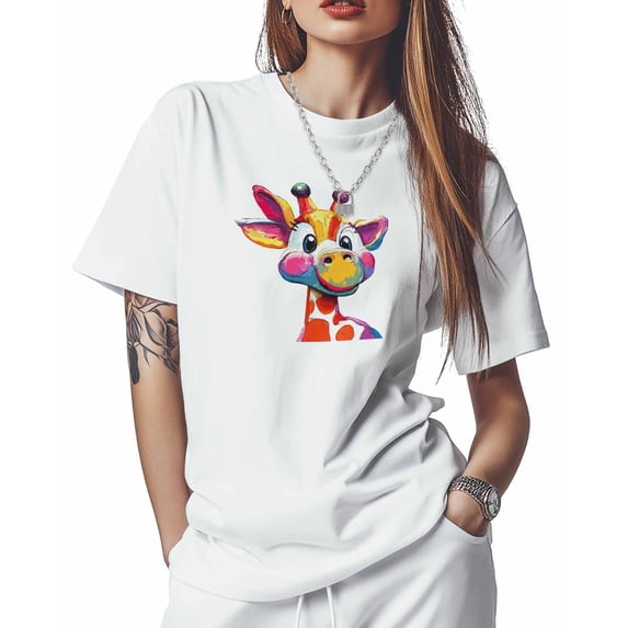 T Shirts for Women Short Sleeve Cotton Crewneck T-Shirt, Giraffe Colorful Painting Tee Tops Casual Basic T-Shirts, XS-5XL White XL