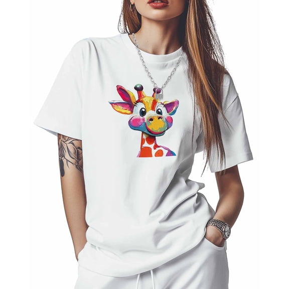 T Shirts for Women Short Sleeve Cotton Crewneck T-Shirt, Giraffe Colorful Painting Tee Tops Casual Basic T-Shirts, XS-5XL White XS