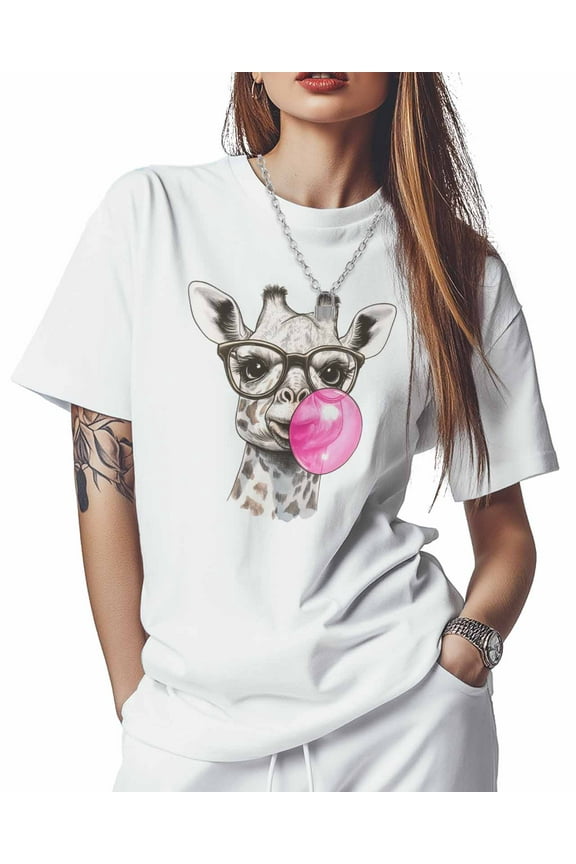 T Shirts for Women Short Sleeve Cotton Crewneck T-Shirt, Giraffe Pink Bubble Animal Tee Tops Casual Basic T-Shirts, XS-5XL White 4XL