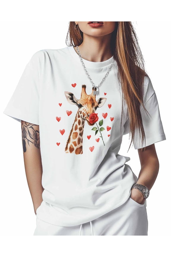 T Shirts for Women Short Sleeve Cotton Crewneck T-Shirt, Giraffe Rose Flower Heart Tee Tops Casual Basic T-Shirts, XS-5XL White XS