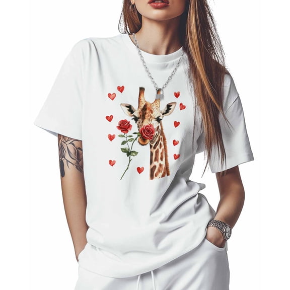 T Shirts for Women Short Sleeve Cotton Crewneck T-Shirt, Giraffe Rose Love Tee Tops Casual Basic T-Shirts, XS-5XL White XXL