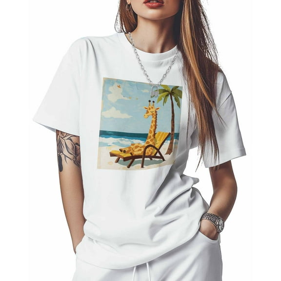 T Shirts for Women Short Sleeve Cotton Crewneck T-Shirt, Giraffe Vacation Animal Beach Tee Tops Casual Basic T-Shirts, XS-5XL White XL
