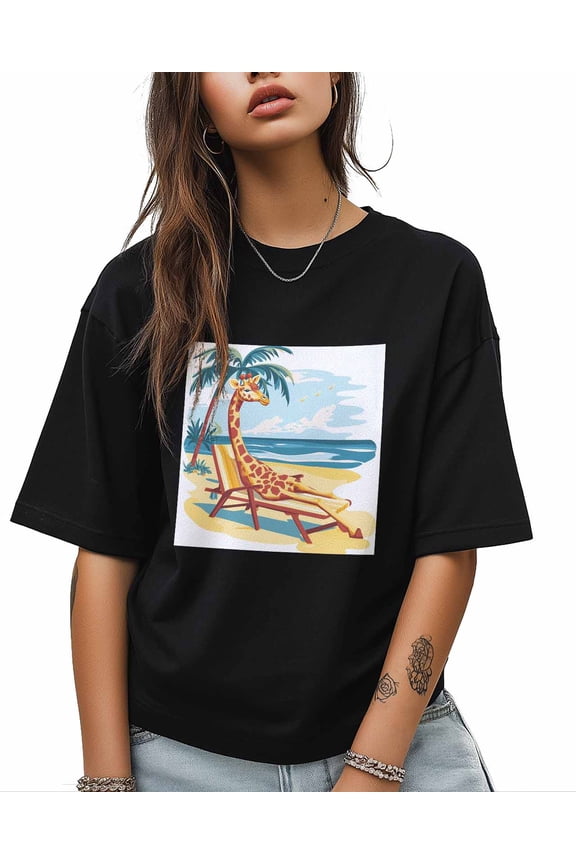 T Shirts for Women Short Sleeve Cotton Crewneck T-Shirt, Giraffe Vacation Beach Tee Tops Casual Basic T-Shirts, XS-5XL Black M
