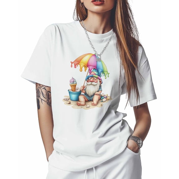 T Shirts for Women Short Sleeve Cotton Crewneck T-Shirt, Gnome Beach Vacation Ice Cream Tee Tops Casual Basic T-Shirts, XS-5XL White XXL