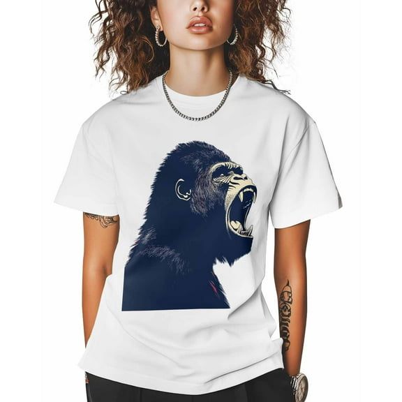 T Shirts for Women Short Sleeve Cotton Crewneck T-Shirt, Gorilla Animal Profile Retro Cartoon Tee Tops Casual Basic T-Shirts, XS-5XL White 4XL