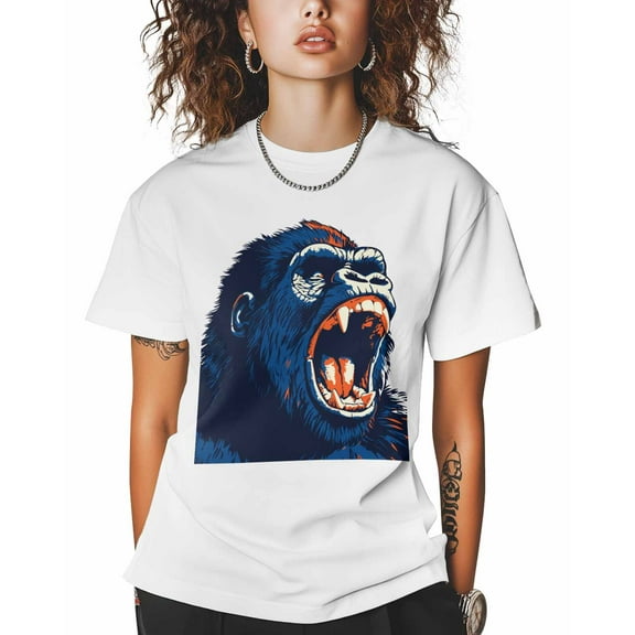 T Shirts for Women Short Sleeve Cotton Crewneck T-Shirt, Gorilla Animal Retro Cartoon Tee Tops Casual Basic T-Shirts, XS-5XL White 4XL