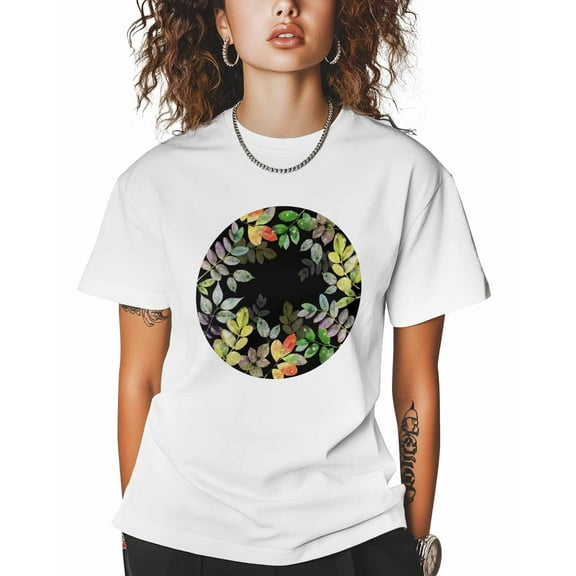 T Shirts for Women Short Sleeve Cotton Crewneck T-Shirt, Green Eucalyptus Leaves Circle Tee Tops Casual Basic T-Shirts, XS-5XL White XXL