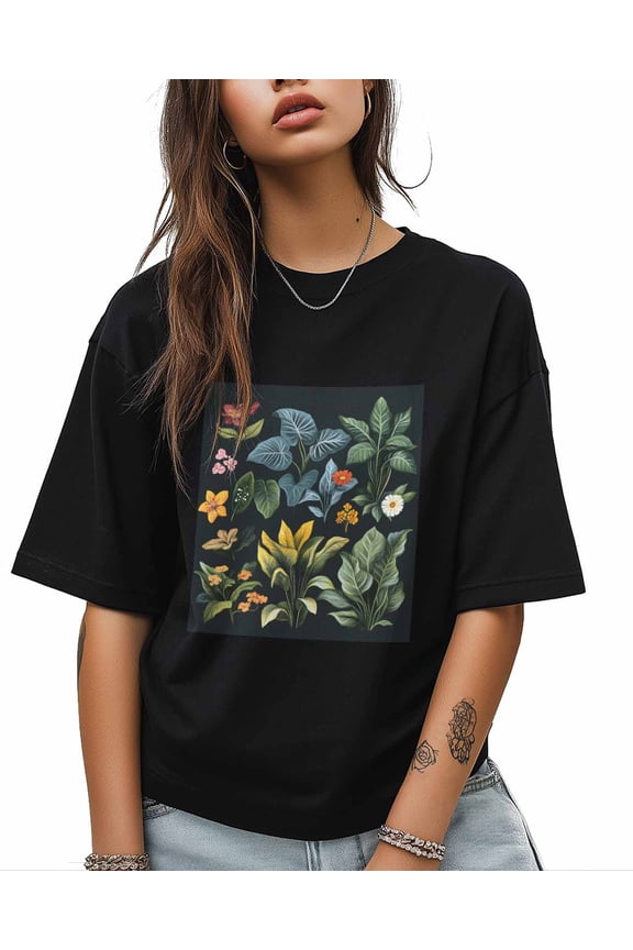 T Shirts for Women Short Sleeve Cotton Crewneck T-Shirt, Green Leaves Plants Flowers Tee Tops Casual Basic T-Shirts, XS-5XL Black M