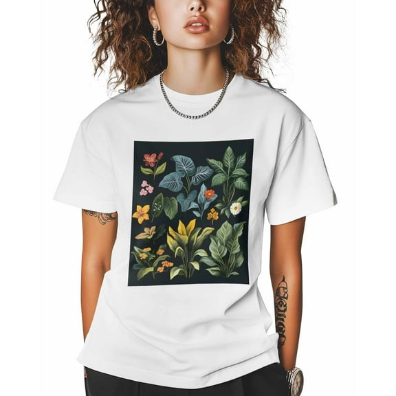 T Shirts for Women Short Sleeve Cotton Crewneck T-Shirt, Green Leaves Plants Flowers Tee Tops Casual Basic T-Shirts, XS-5XL White M