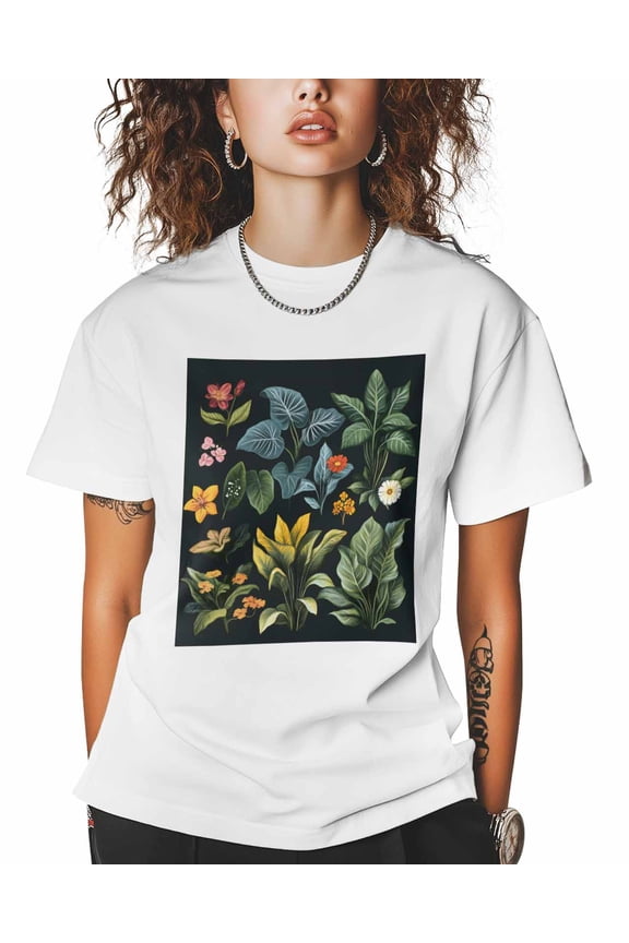 T Shirts for Women Short Sleeve Cotton Crewneck T-Shirt, Green Leaves Plants Flowers Tee Tops Casual Basic T-Shirts, XS-5XL White XL