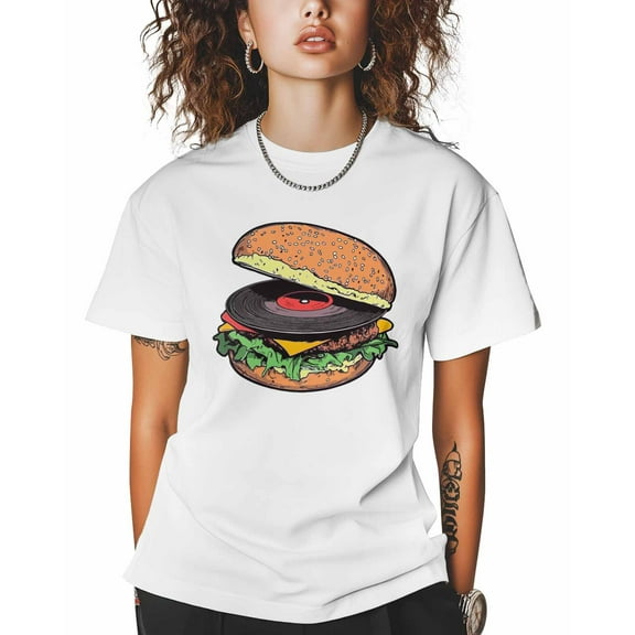 T Shirts for Women Short Sleeve Cotton Crewneck T-Shirt, Hamburger Record Player 80s Abstract Tee Tops Casual Basic T-Shirts, XS-5XL White XL
