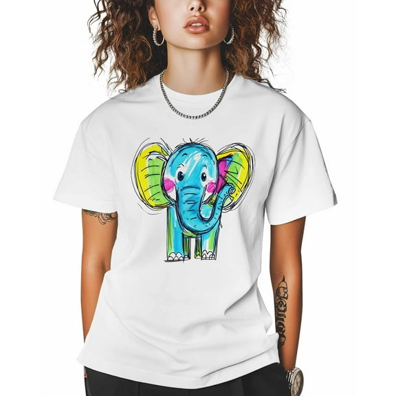 T Shirts for Women Short Sleeve Cotton Crewneck T-Shirt, Hand Drawn Style Cartoon Elephant Tee Tops Casual Basic T-Shirts, XS-5XL White M