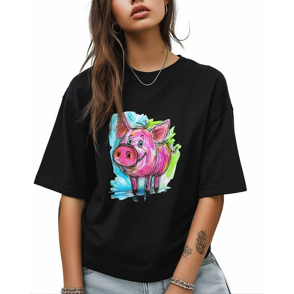 T Shirts for Women Short Sleeve Cotton Crewneck T-Shirt, Hand Drawn Style Cartoon Pink Pig Tee Tops Casual Basic T-Shirts, XS-5XL Black M