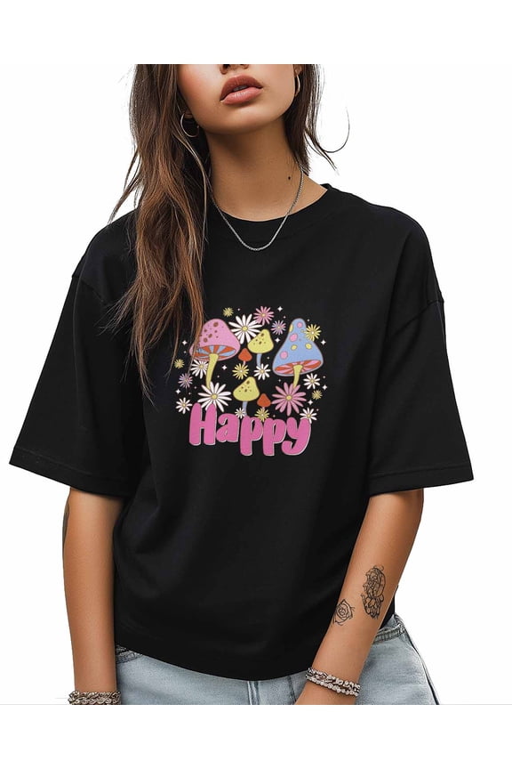 T Shirts for Women Short Sleeve Cotton Crewneck T-Shirt, Happy Blue Pink Mushroom Daisy Tee Tops Casual Basic T-Shirts, XS-5XL Black 5XL