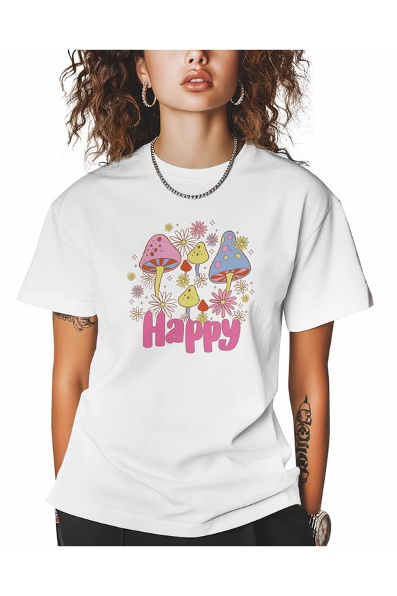 T Shirts for Women Short Sleeve Cotton Crewneck T-Shirt, Happy Blue Pink Mushroom Daisy Tee Tops Casual Basic T-Shirts, XS-5XL White XS