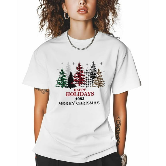 T Shirts for Women Short Sleeve Cotton Crewneck T-Shirt, Happy Holidays Red Green Xmas Tree Tee Tops Casual Basic T-Shirts, XS-5XL White S