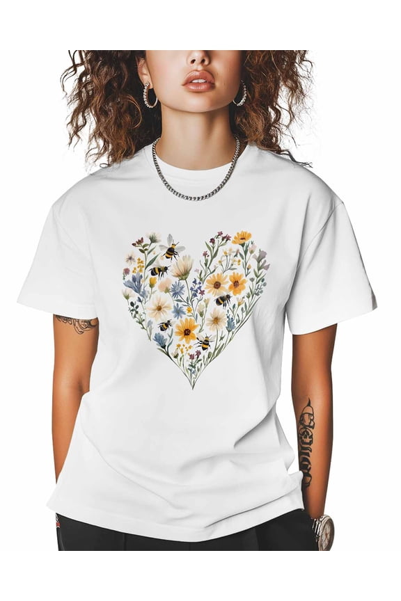 T Shirts for Women Short Sleeve Cotton Crewneck T-Shirt, Heart Shape Floral Daisy Tee Tops Casual Basic T-Shirts, XS-5XL White XS
