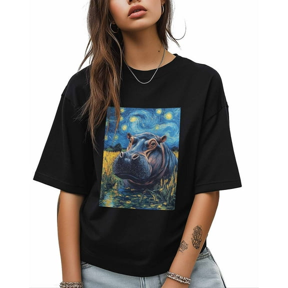 T Shirts for Women Short Sleeve Cotton Crewneck T-Shirt, Hippo Wheat Field Oil Painting Tee Tops Casual Basic T-Shirts, XS-5XL Black XS