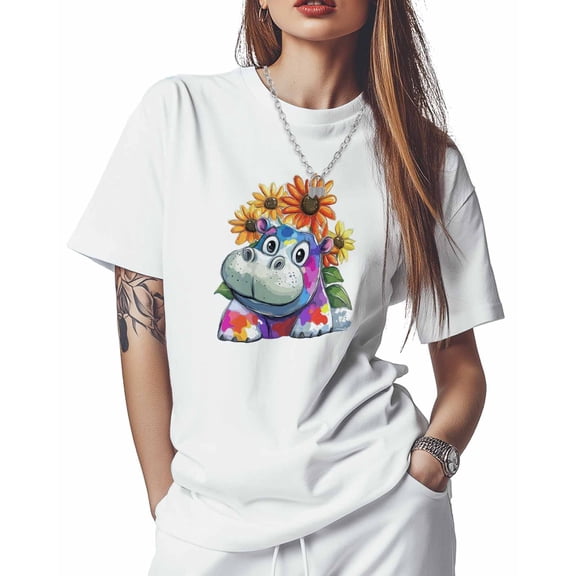 T Shirts for Women Short Sleeve Cotton Crewneck T-Shirt, Hippopotamus Sunflower Cartoon Tee Tops Casual Basic T-Shirts, XS-5XL White S