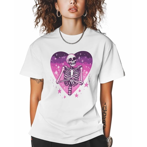 T Shirts for Women Short Sleeve Cotton Crewneck T-Shirt, Human Skeleton Pink Heart Stars Tee Tops Casual Basic T-Shirts, XS-5XL White XS