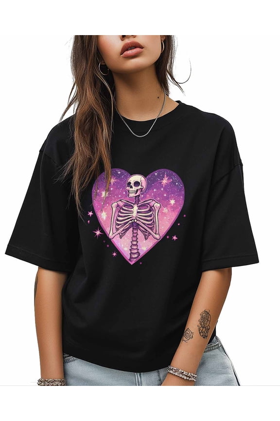 T Shirts for Women Short Sleeve Cotton Crewneck T-Shirt, Human Skeleton Skull Heart Pink Tee Tops Casual Basic T-Shirts, XS-5XL Black S