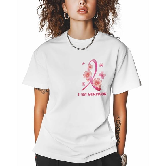T Shirts for Women Short Sleeve Cotton Crewneck T-Shirt, I AM SURVIVOR Pink Flowers Tee Tops Casual Basic T-Shirts, XS-5XL White XS