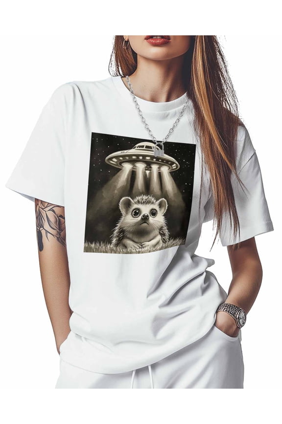T Shirts for Women Short Sleeve Cotton Crewneck T-Shirt, Interesting Hedgehog Spacecraft Tee Tops Casual Basic T-Shirts, XS-5XL White XS