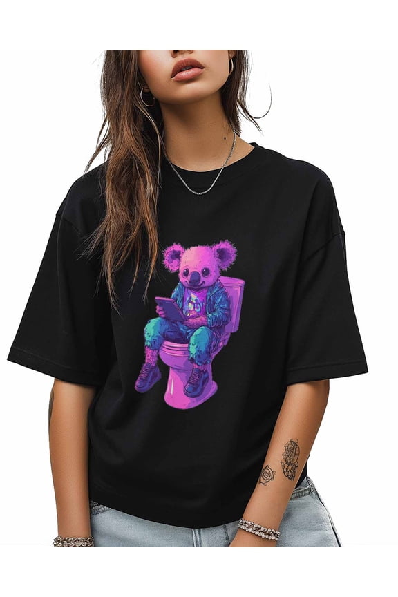 T Shirts for Women Short Sleeve Cotton Crewneck T-Shirt, Koala Playing Phone Toilet Funny Tee Tops Casual Basic T-Shirts, XS-5XL Black 5XL