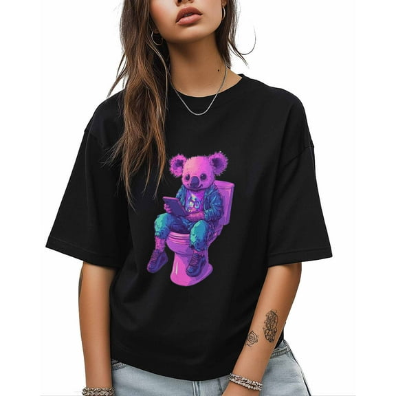 T Shirts for Women Short Sleeve Cotton Crewneck T-Shirt, Koala Playing Phone Toilet Funny Tee Tops Casual Basic T-Shirts, XS-5XL Black M