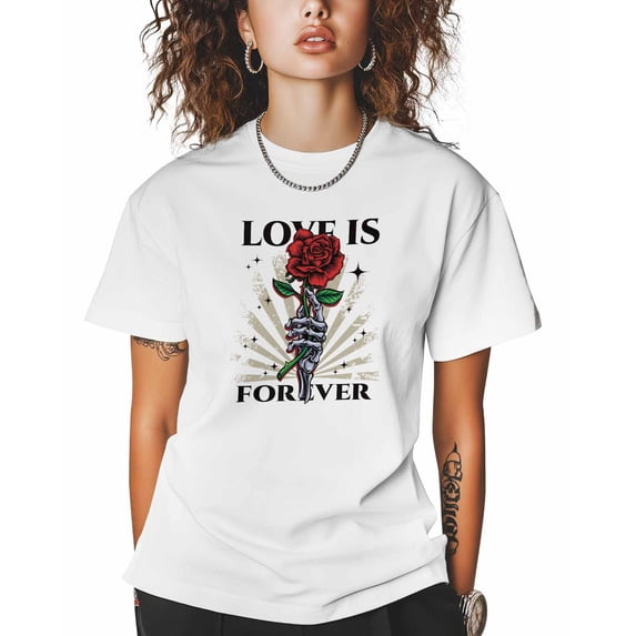 T Shirts for Women Short Sleeve Cotton Crewneck T-Shirt, LOVE IS FOREVER Red Rose Skeleton Hand Tee Tops Casual Basic T-Shirts, XS-5XL White XL